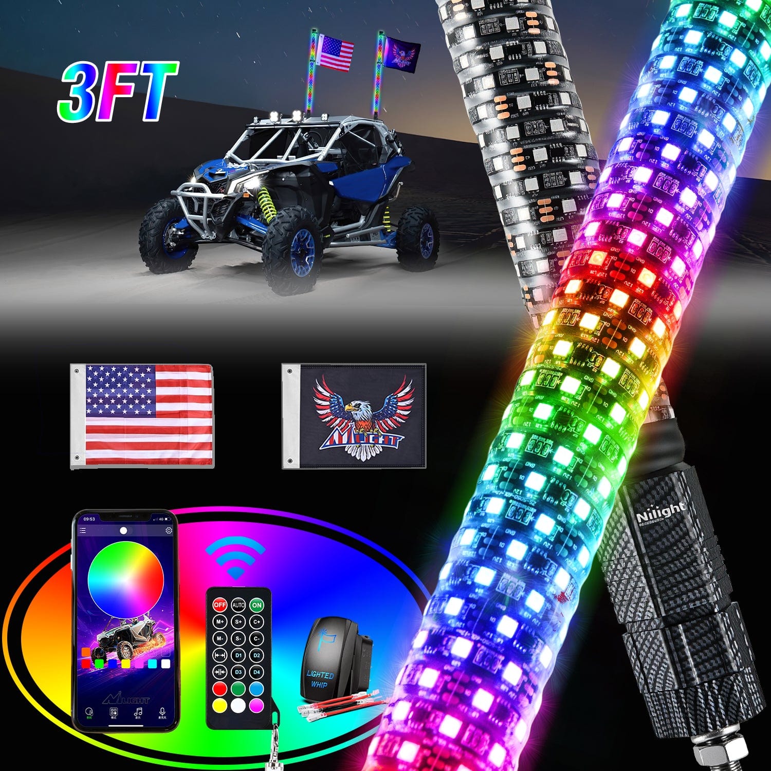 2Pcs 3FT Spiral Antenna Bluetooth Remote App Control Led Fat Whip Light Headlights - Top Tuning Boost