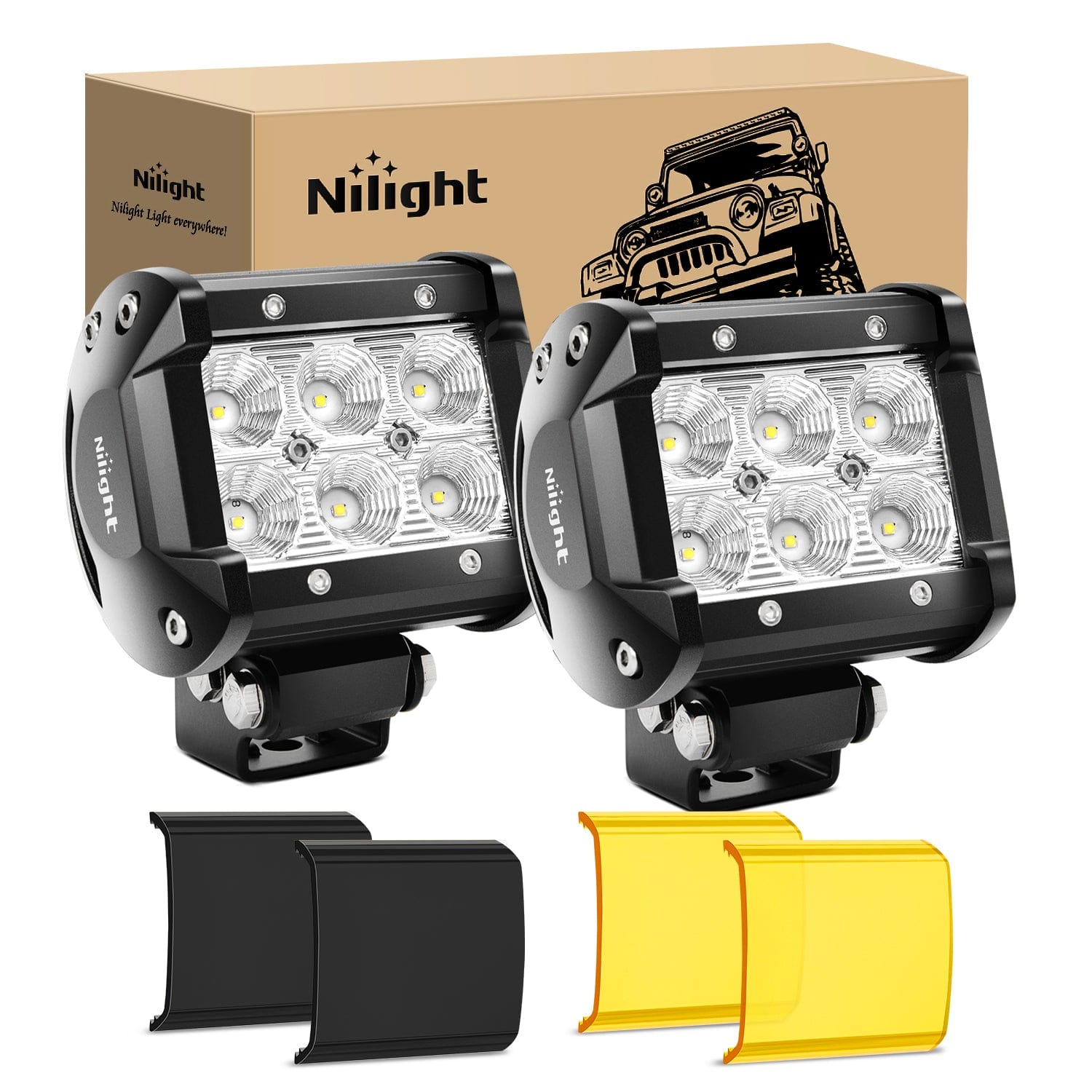 LED Light Bar 4 Inch 18W 1260LM Flood Led Pods with Amber/Black Covers (Pair)