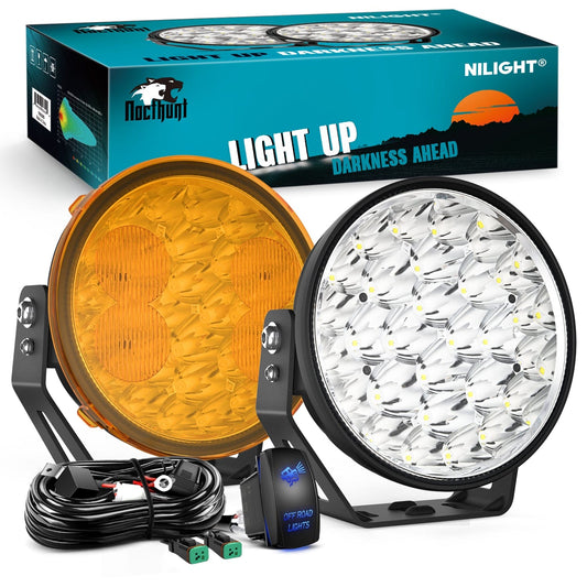 9Inch 140W Round Offroad Light with Yellow Black Covers Hyper Spot Beam Work Light (Pair) | 12 AWG DT Connector Wiring Harness Kit Headlights - Top Tuning Boost