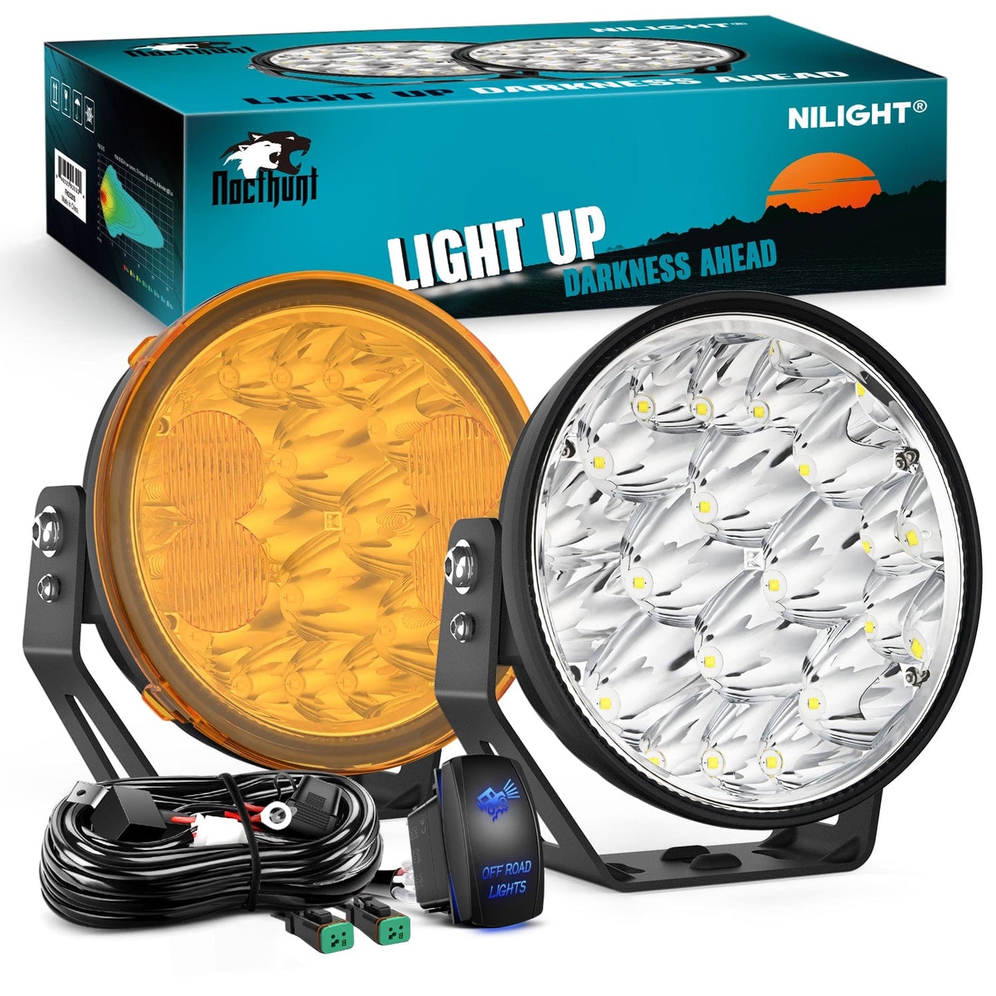 7Inch 90W Round Offroad Light with Yellow Black Covers Hyper Spot Beam Work Light (Pair) | 14 AWG DT Connector Wiring Harness Kit Headlights - Top Tuning Boost