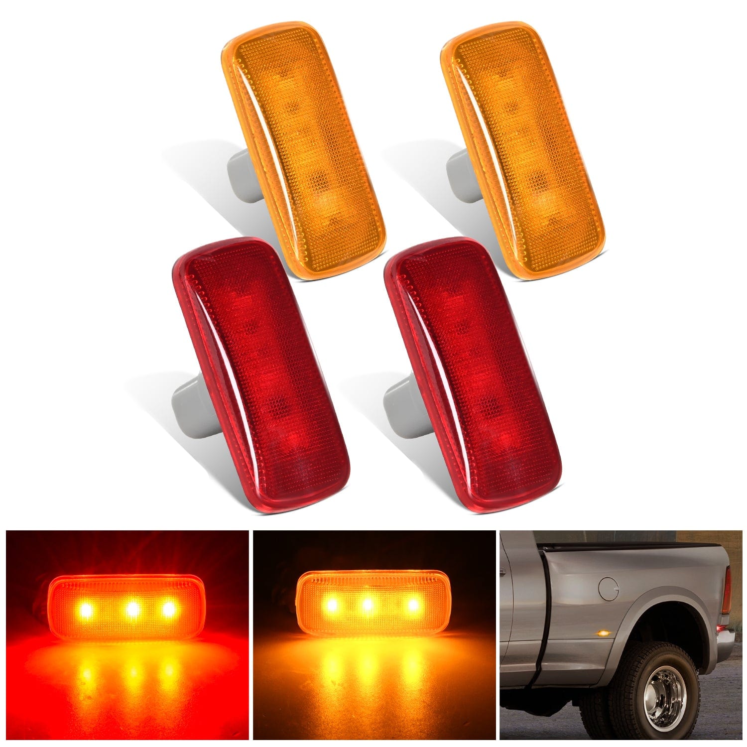 4 PCS 3 LED Red Amber Wheel Fender Side Marker Lights Compatible With 2010-2018 Dodge Ram 2500 3500 Super Duty Headlights - Top Tuning Boost