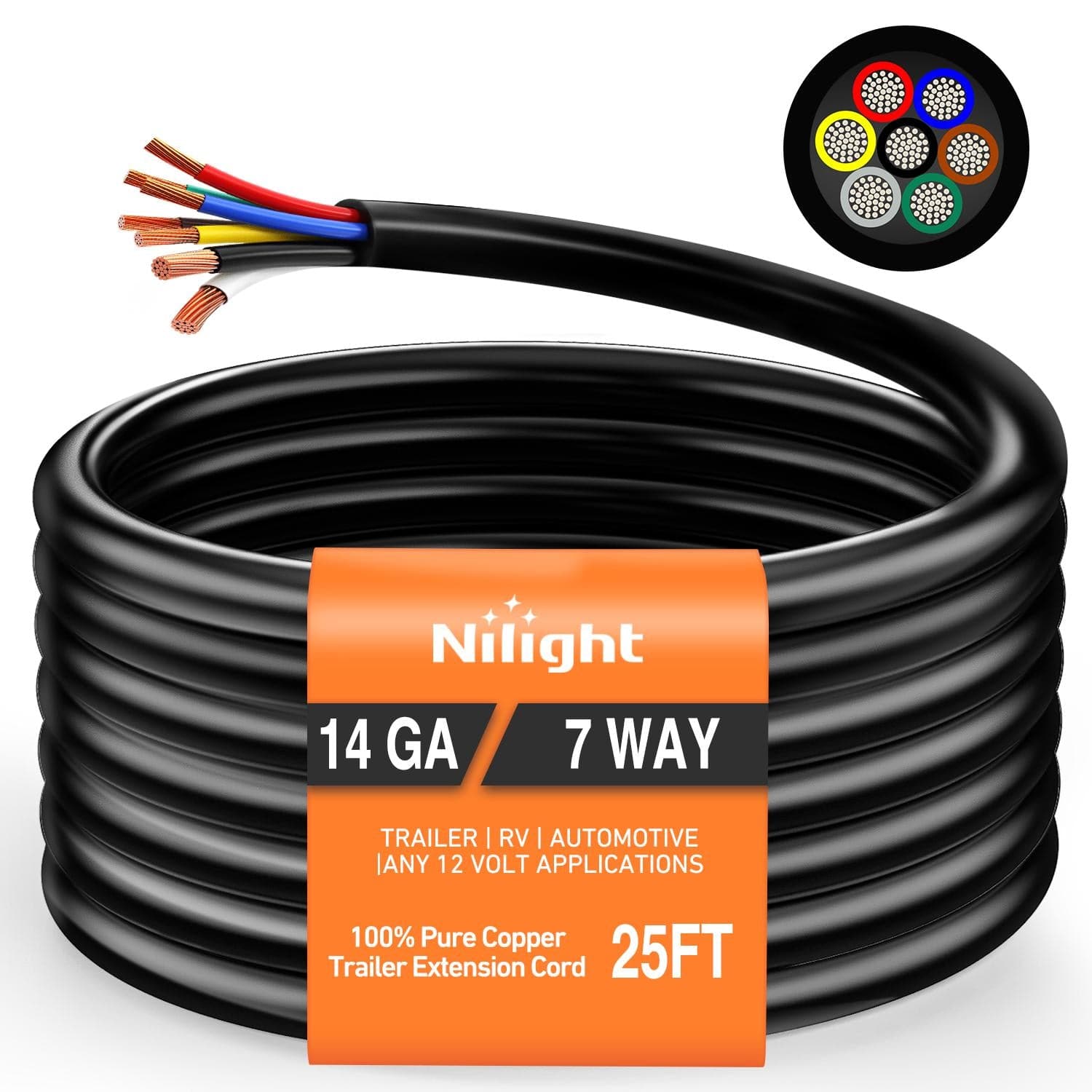 Wiring Harness Kit 25 Feet 7 Way Trailer Extension Cable RV Standard Wire 14 Gauge 7 Conductor 100% Pure Copper Insulated Heavy Duty Cord Weatherproof for 7 Pin Blade Truck Camper RV Automotive