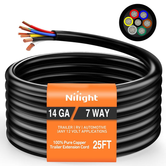 Wiring Harness Kit 25 Feet 7 Way Trailer Extension Cable RV Standard Wire 14 Gauge 7 Conductor 100% Pure Copper Insulated Heavy Duty Cord Weatherproof for 7 Pin Blade Truck Camper RV Automotive