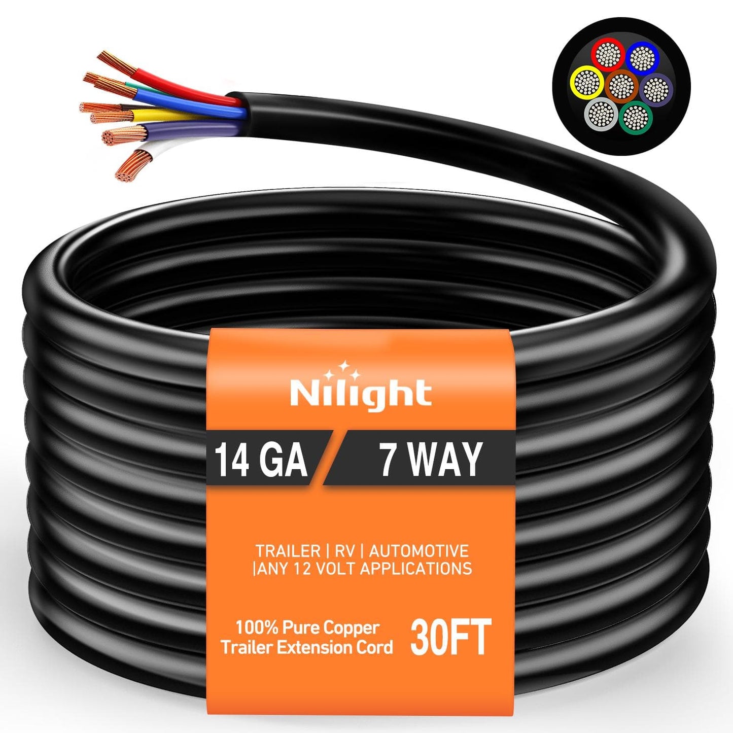 Wiring Harness Kit 30 Feet 7 Way Trailer Extension Cable Traditional SAE 14 Gauge 7 Conductor 100% Pure Copper Wire Insulated Heavy Duty Cord Weatherproof for 7 Pin Blade RV Automotive
