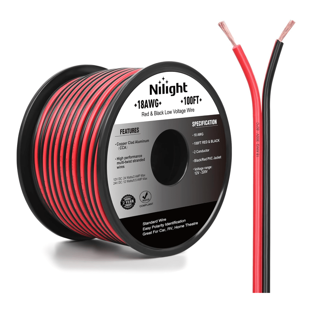 18AWG 100FT Copper Clad Aluminum Wire 18/2 Gauge Red Black CCA Electrical Cable 2 Conductor Parallel 12V/24V DC Flexible Extension Cords Nilight
