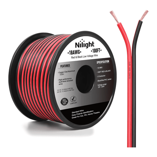 18AWG 100FT Copper Clad Aluminum Wire 18/2 Gauge Red Black CCA Electrical Cable 2 Conductor Parallel 12V/24V DC Flexible Extension Cords Nilight