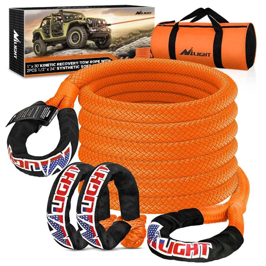 Tie Down Straps 1In x 30FT Kinetic Recovery Rope & 2PCS 1/2In x 24In Soft Shackle