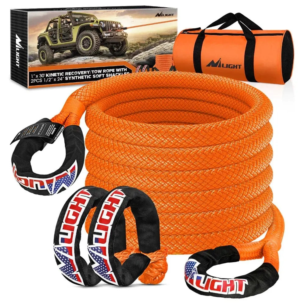 Tie Down Straps 7/8Inch x 20FT Kinetic Recovery Rope & 2PCS 1/2in x 24in Soft Shackle