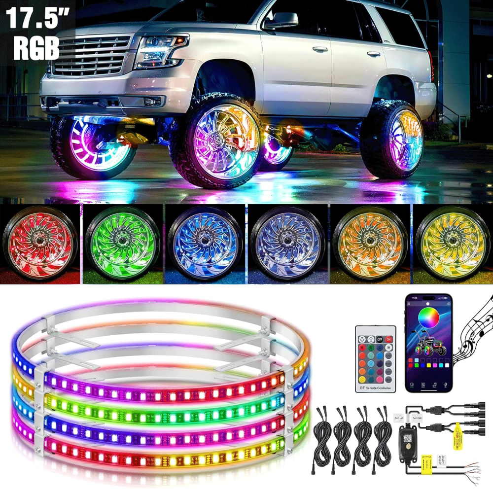 17.5 Inch LED Wheel Ring Lights Single Row RGB APP Remote Control 4Pcs Headlights - Top Tuning Boost