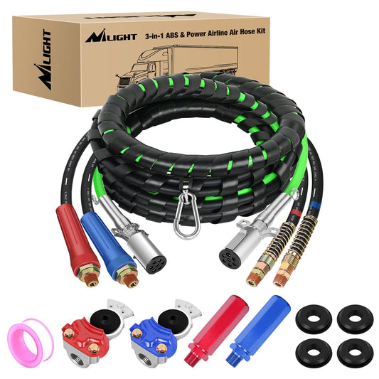 Wiring Harness Kit 15FT 3-in-1 ABS Electrical Cord & Rubber Air Line Hose Kit with Gladhand&Handles