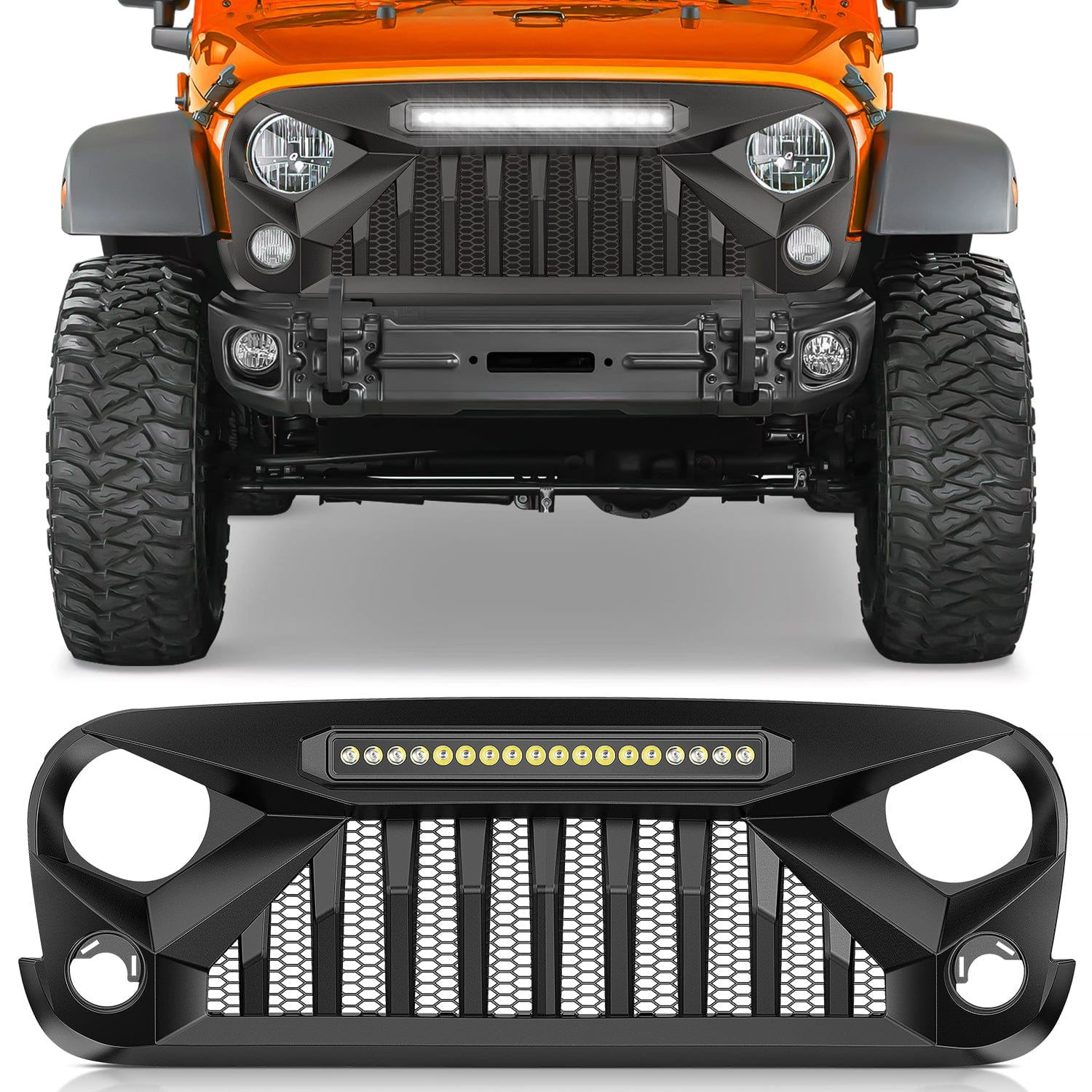 Front Bumper Grill Cover for 2007 2008 2009 2010 2011 2012 2013 2014 2015 2016 2017 2018 Wrangler JK/JKU Rubicon, & Sahara Sport with LED Work Light Pods Matte Black Headlights - Top Tuning Boost