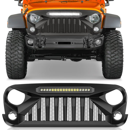 Front Bumper Grill Cover for 2007 2008 2009 2010 2011 2012 2013 2014 2015 2016 2017 2018 Wrangler JK/JKU Rubicon, & Sahara Sport with LED Work Light Pods Matte Black Headlights - Top Tuning Boost