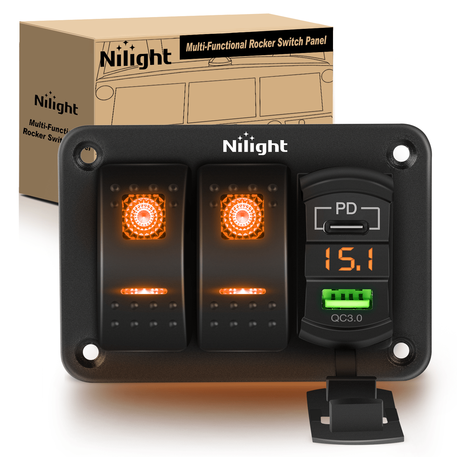 Rocker Switch 2 Gang Switch Panel With QC3.0 & PD Charger And Voltmerter with Orange Backlit
