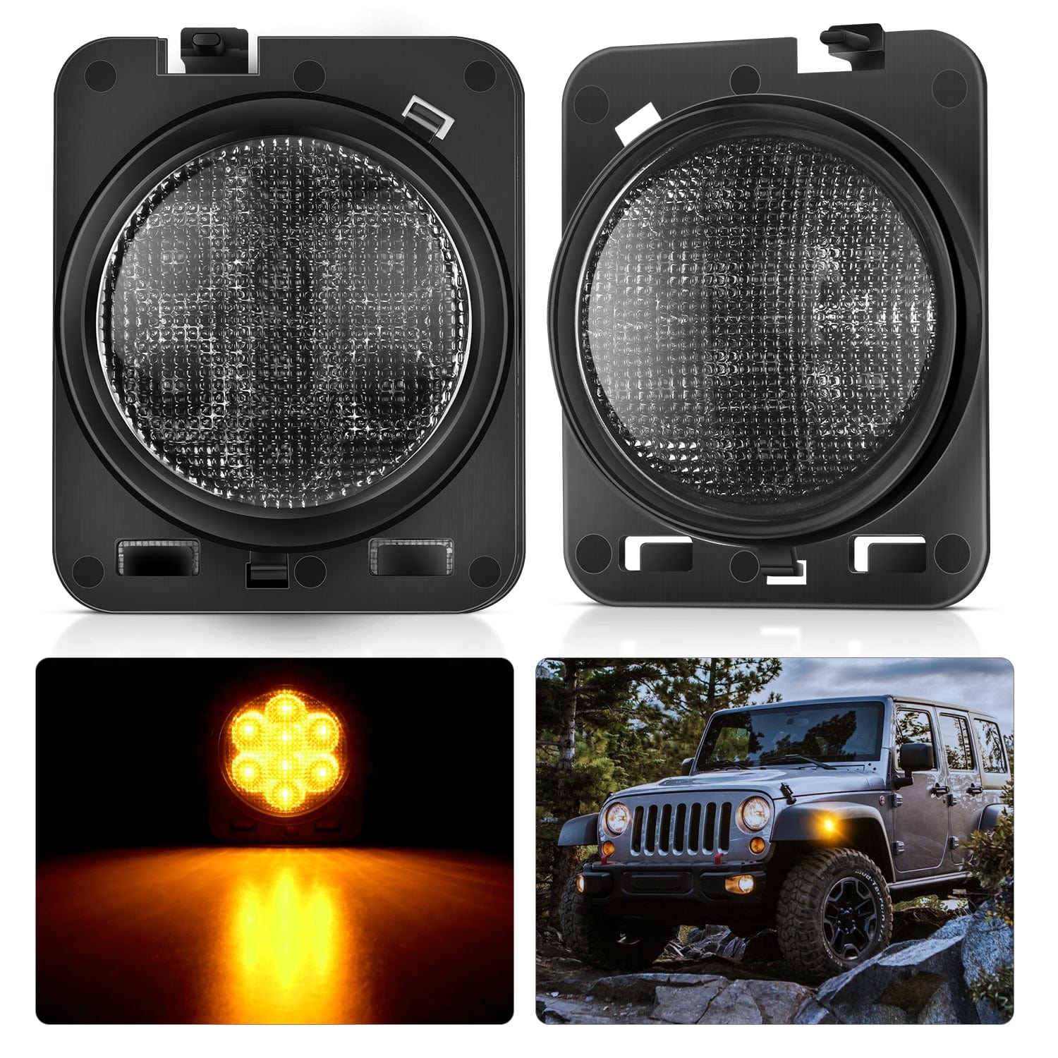 2007-2017 Jeep Wrangler JK JKU 8LED Smoked Lens Amber Side Marker Light Headlights - Top Tuning Boost