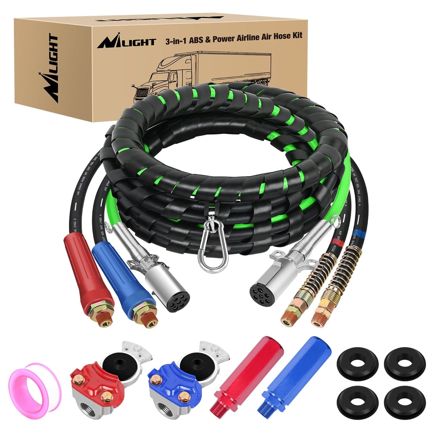 Wiring Harness Kit 15FT 3-in-1 ABS Electrical Cord & Rubber Air Line Hose Kit with Gladhand&Handles
