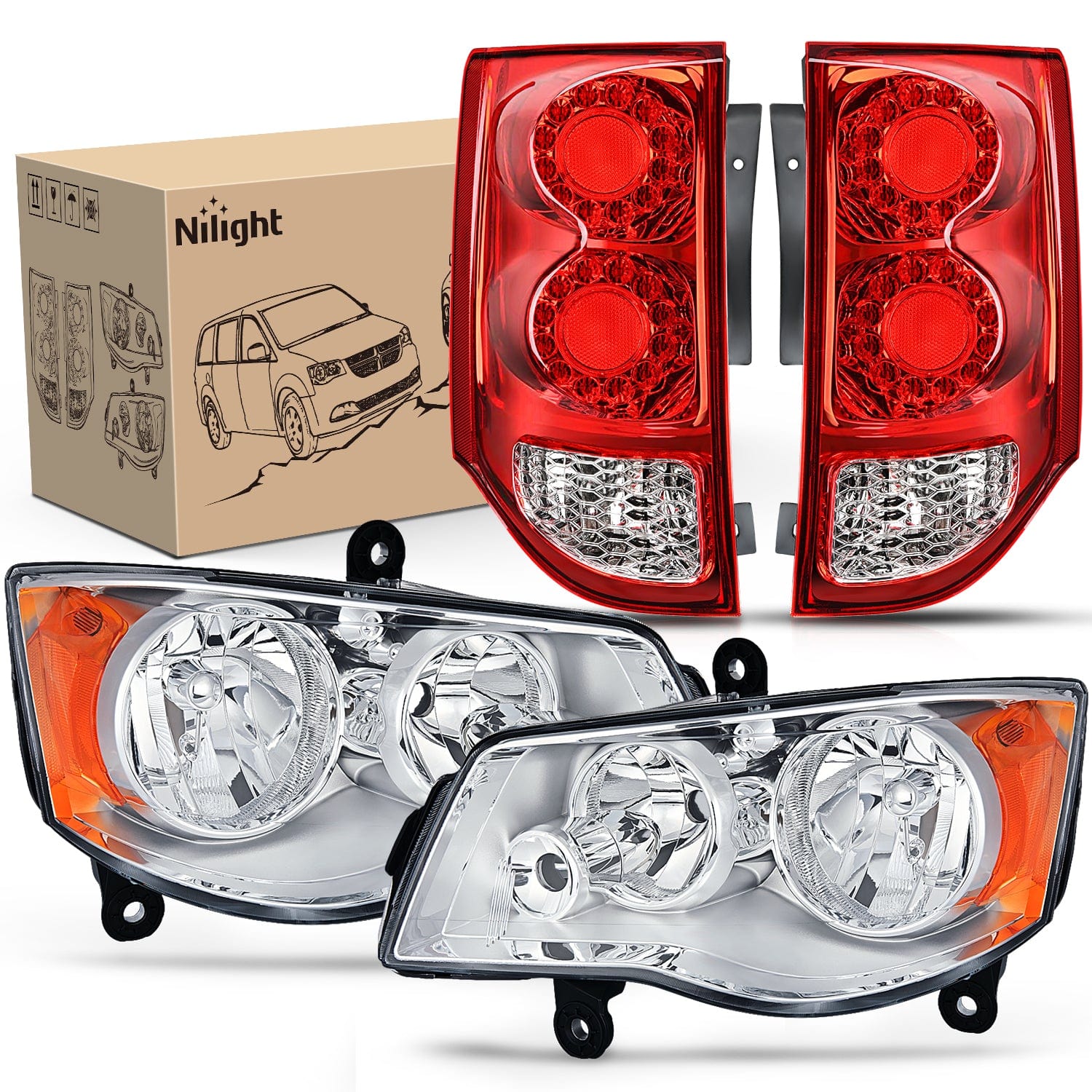 Headlight and Taillight Assembly Combo Compatible with 2011 2012 2013 2014 2015 2016 2017 2018 2019 2020 Dodge Grand Caravan OE Style Chrome Housing Amber Reflector with Red Housing Tail Light Tail Lights - Top Tuning Boost