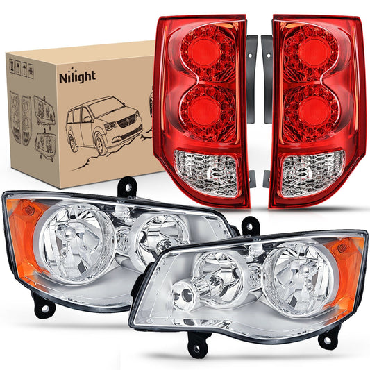Headlight and Taillight Assembly Combo Compatible with 2011 2012 2013 2014 2015 2016 2017 2018 2019 2020 Dodge Grand Caravan OE Style Chrome Housing Amber Reflector with Red Housing Tail Light Tail Lights - Top Tuning Boost