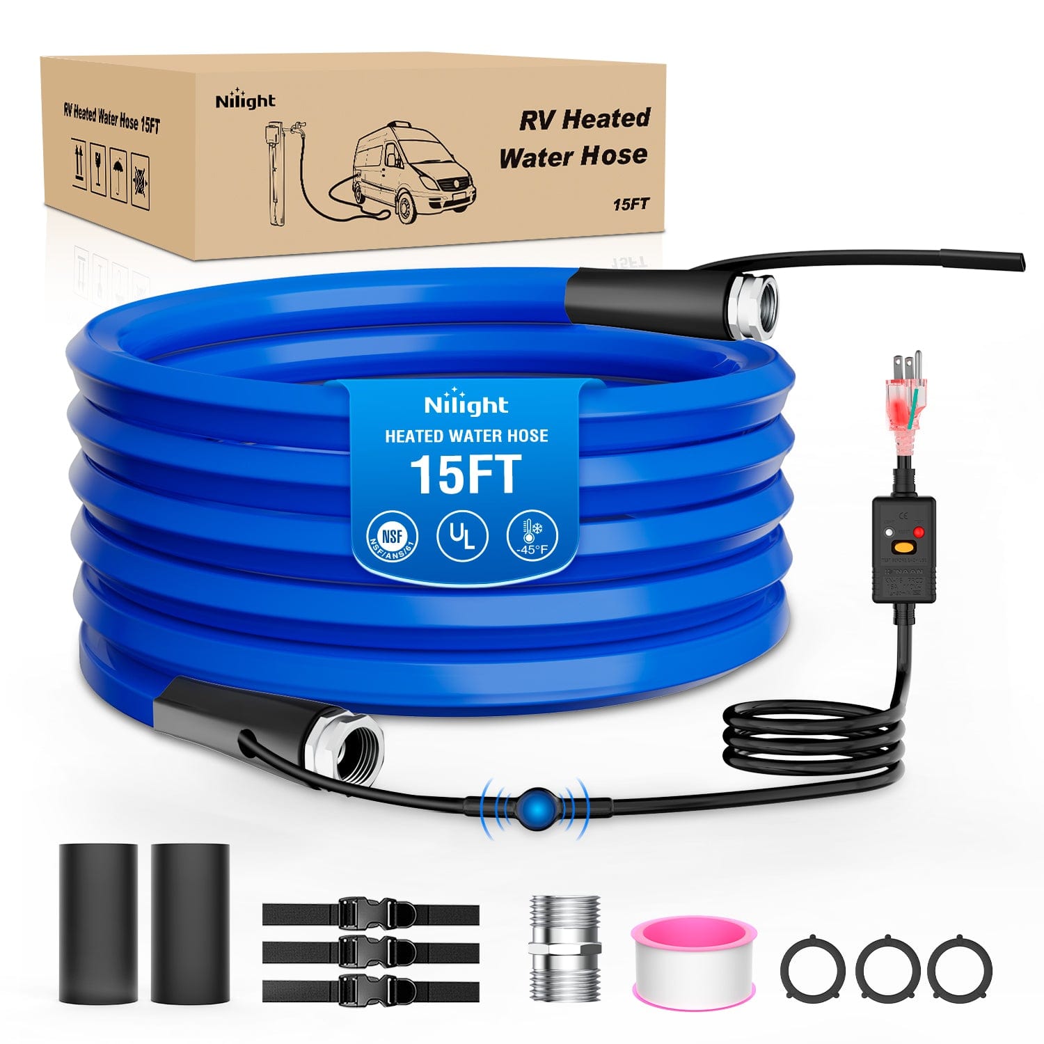 RV Parts 15FT Heated Water Hose RV 5/8inch Inside Diameter -45¡ãF Freeze Protaction Antifreeze Garden Drinking Hoses with Saving Thermostat and Smart Heat System for Winter Camper Supply Accessories