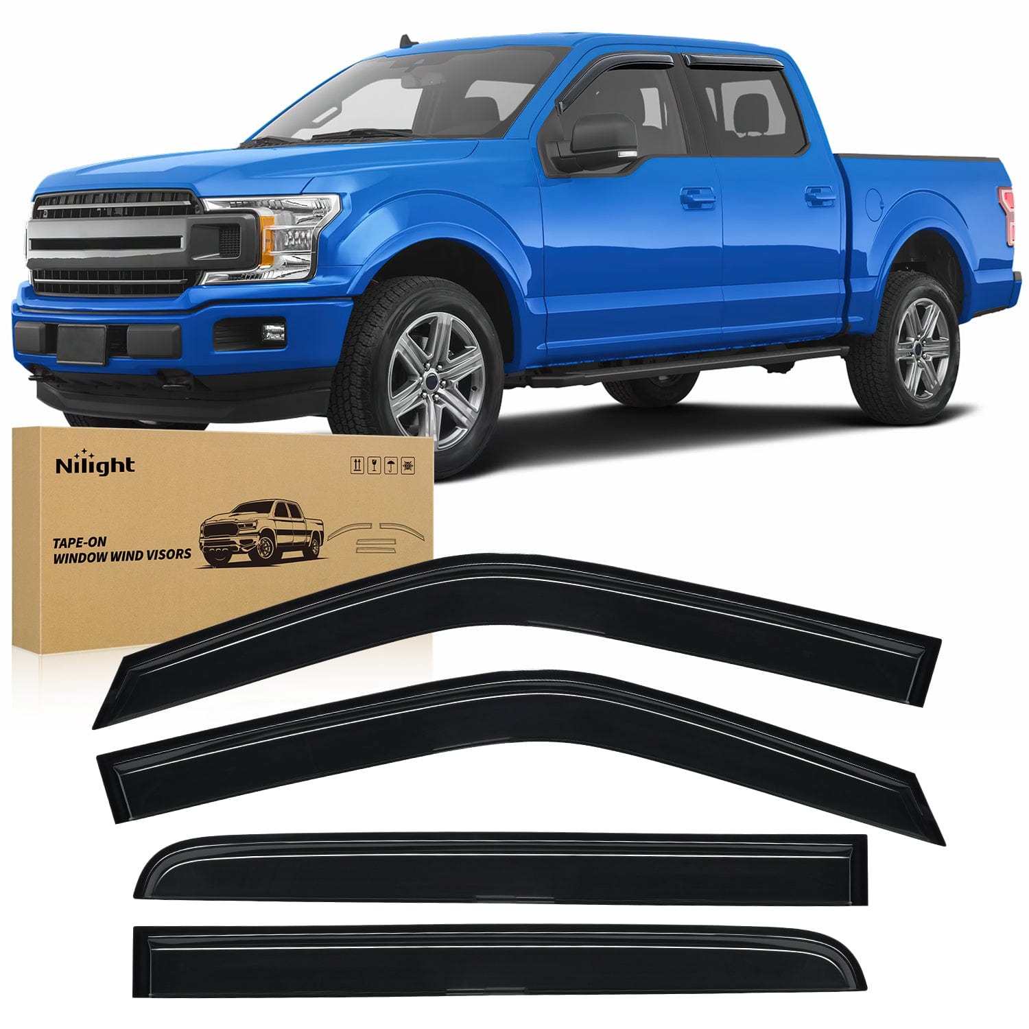 Rain Guards Tape-On Rain Guards for Ford F150 Crew Cab 2015 2016 2017 2018 2019 2020 2021 2022 2023 2024, Window Visors Vent Wind Deflectors-4PCS
