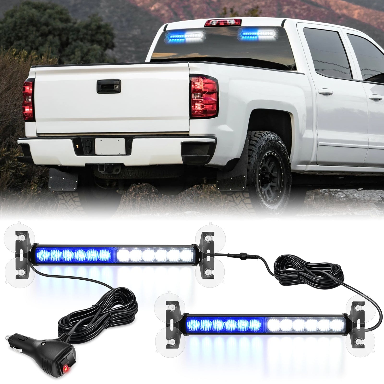24LED Emergency Strobe Traffic Advisor Light Bar 2 in 1 Blue White Dash Warning Safety Flashing Lights Front/Rear Windshield Construction Lights for Trucks Cars Plow Police Vehicles Light Bars - Top Tuning Boost