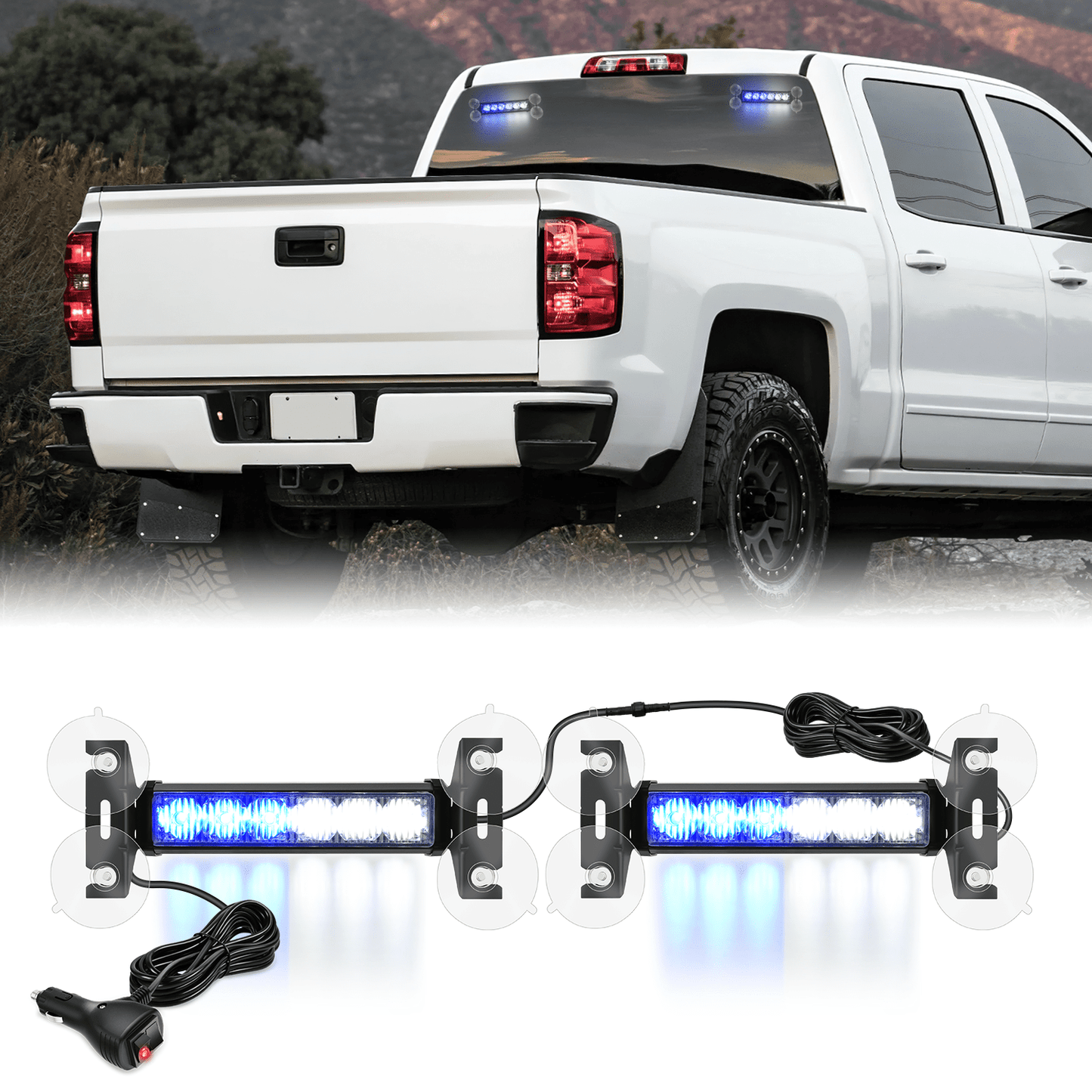 12LED Emergency Strobe Traffic Advisor Light Bar 2 in 1 Blue White Dash Warning Safety Flashing Lights Front/Rear Windshield Construction Lights for Trucks Cars Plow Police Vehicles Light Bars - Top Tuning Boost
