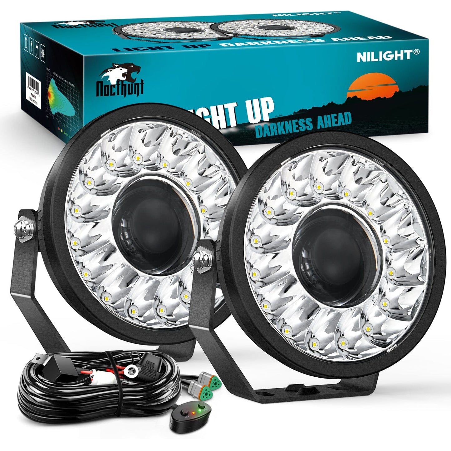 7Inch 100W Round Offroad Light Hyper Spot Beam Work Light (Pair) | 14 AWG DT Connector Wiring Harness Kit Headlights - Top Tuning Boost