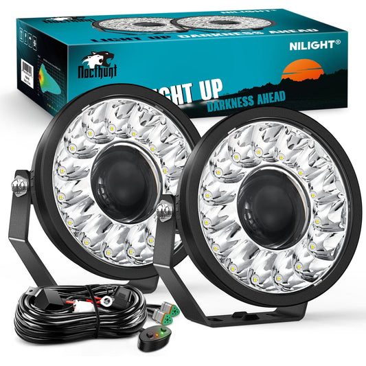 7Inch 100W Round Offroad Light Hyper Spot Beam Work Light (Pair) | 14 AWG DT Connector Wiring Harness Kit Headlights - Top Tuning Boost