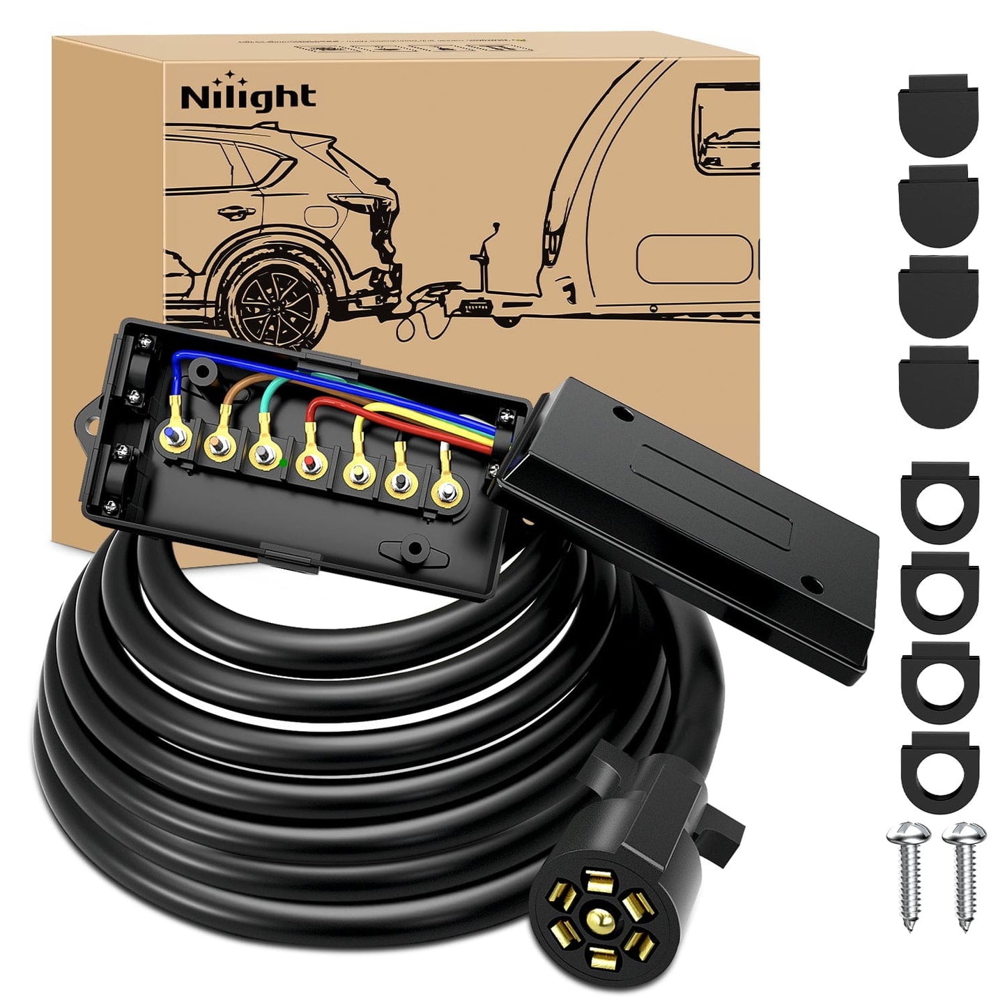 Wiring Harness Kit 16 Feet Heavy Duty 7 Way Inline Trailer Plug with 7 Gang Junction Box