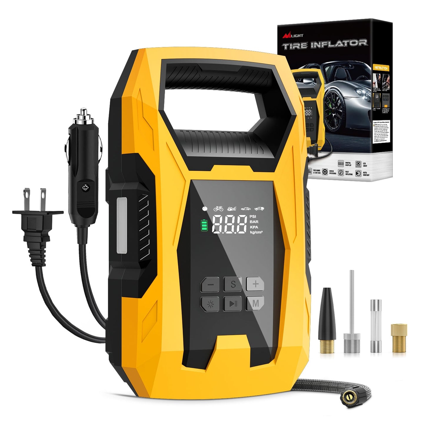 AC/DC Tire Inflator Portable Air Compressor Dual Power Supply 110V AC 12V DC 150PSI Fast Inflation Heavy Duty with LED Light Pressure Gauge Auto Shutoff Pump for Car Motorcycle Bicycle Ball Headlights - Top Tuning Boost