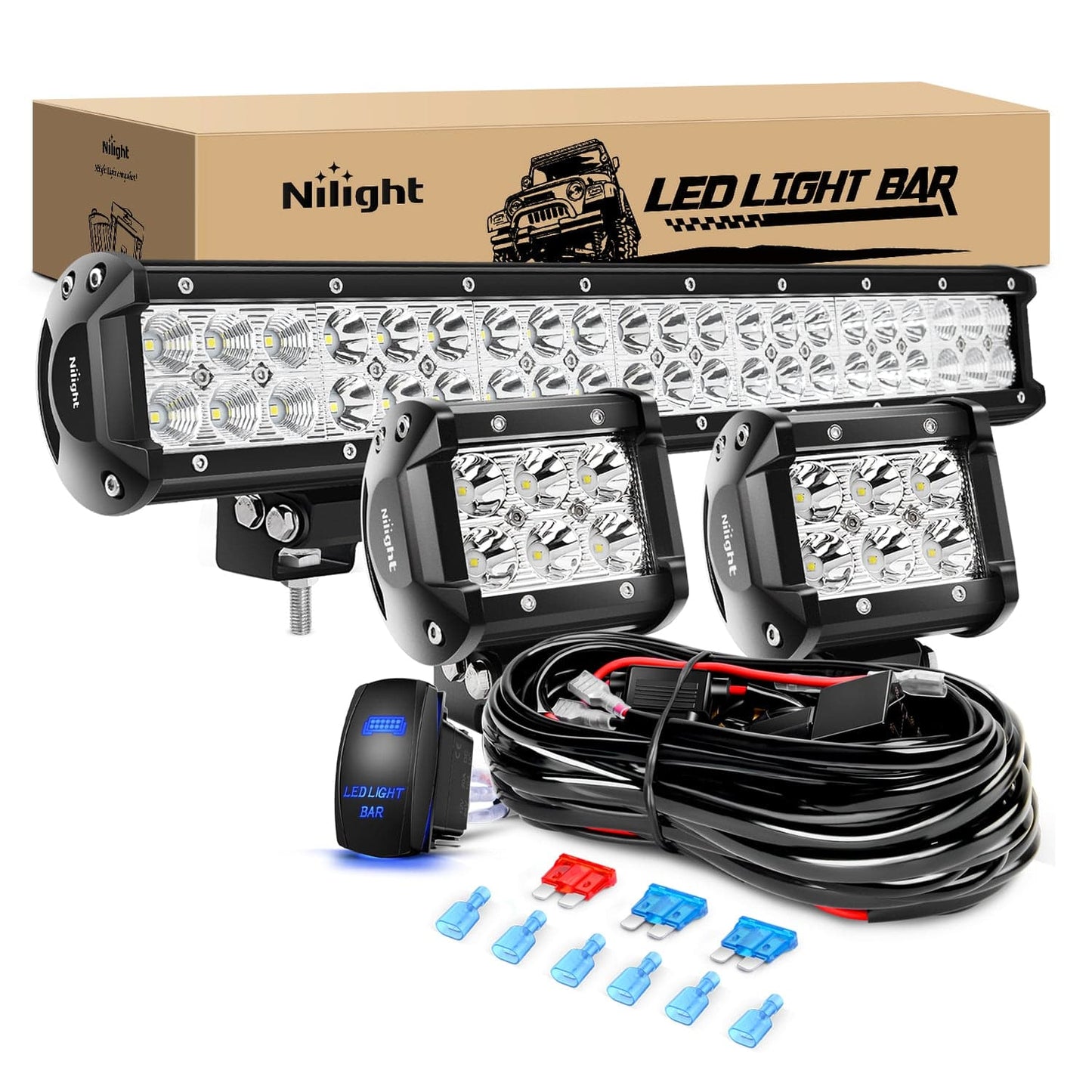 20Inch 126W Led Light Bars 2Pcs 18W Led Pods with Wiring Harness Kit-3 Leads Light Bars - Top Tuning Boost