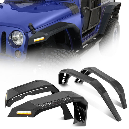 2007 2008 2009 2010 2011 2012 2013 2014 2015 2016 2017 2018 Jeep Wrangler JK 2 Door Wide Flat Front & Rear Fender Flares w/LED Lights Turn Signal Lights DRL Headlights - Top Tuning Boost