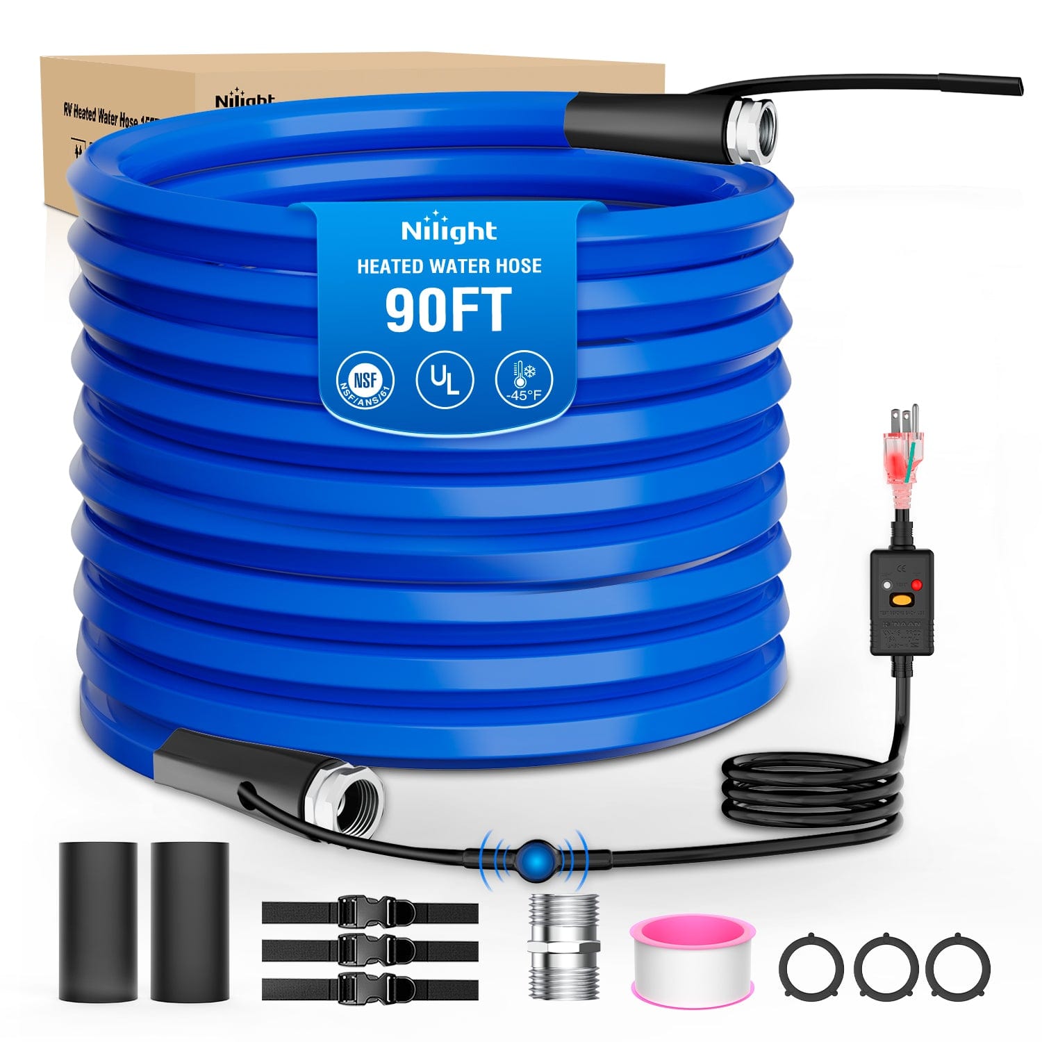 RV Parts 90FT Heated Water Hose RV 5/8inch Inside Diameter -45¡ãF Freeze Protaction Antifreeze Garden Drinking Hoses with Saving Thermostat and Smart Heat System for Winter Camper Supply Accessories