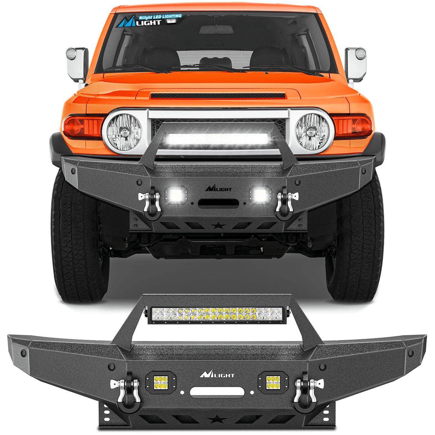 2007 2008 2009 2010 2011 2012 2013 2014 Toyota FJ Cruiser Front Bumper Winch Plate Offroad 120W Light Bar 18W LED Light Pods 2 D-Rings Light Bars - Top Tuning Boost