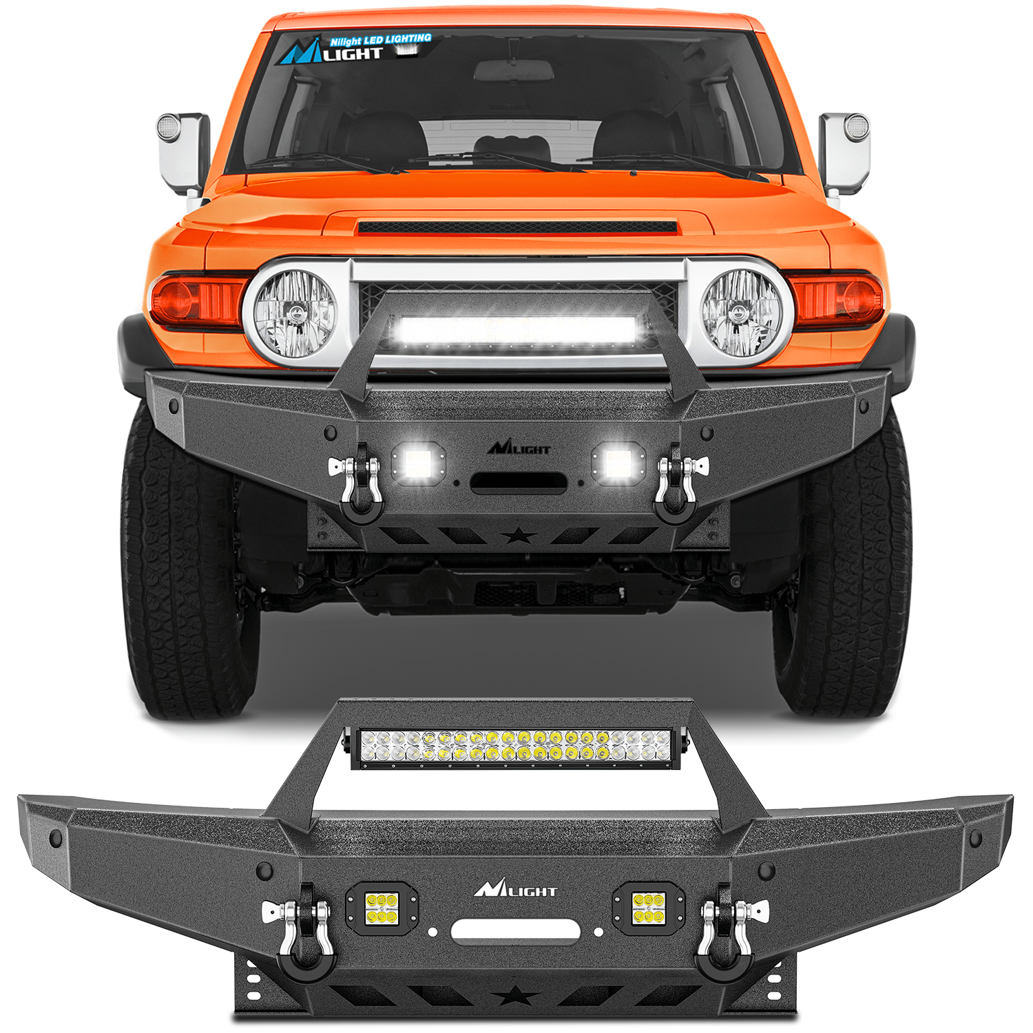 2007 2008 2009 2010 2011 2012 2013 2014 Toyota FJ Cruiser Front Bumper Winch Plate Offroad 120W Light Bar 18W LED Light Pods 2 D-Rings Light Bars - Top Tuning Boost