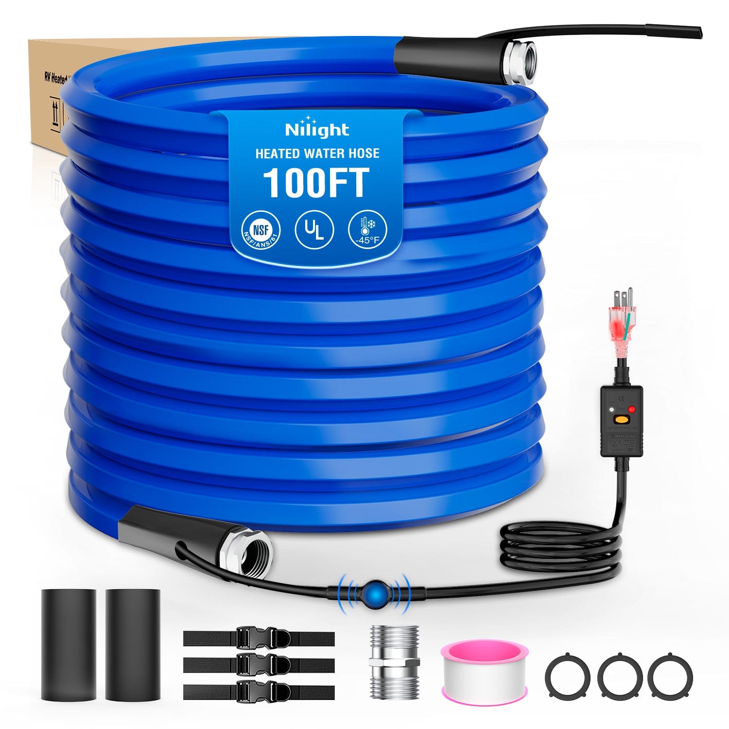 RV Parts 100FT Heated Water Hose RV 5/8inch Inside Diameter -45¡ãF Freeze Protaction Antifreeze Garden Drinking Hoses with Saving Thermostat and Smart Heat System for Winter Camper Supply Accessories