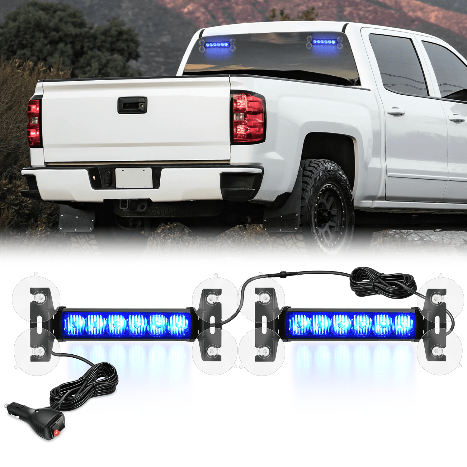 12LED Emergency Strobe Traffic Advisor Light Bar 2 in 1 Blue Dash Warning Safety Flashing Lights Front/Rear Windshield Construction Lights for Trucks Cars Plow Police Firefighter Vehicles Light Bars - Top Tuning Boost