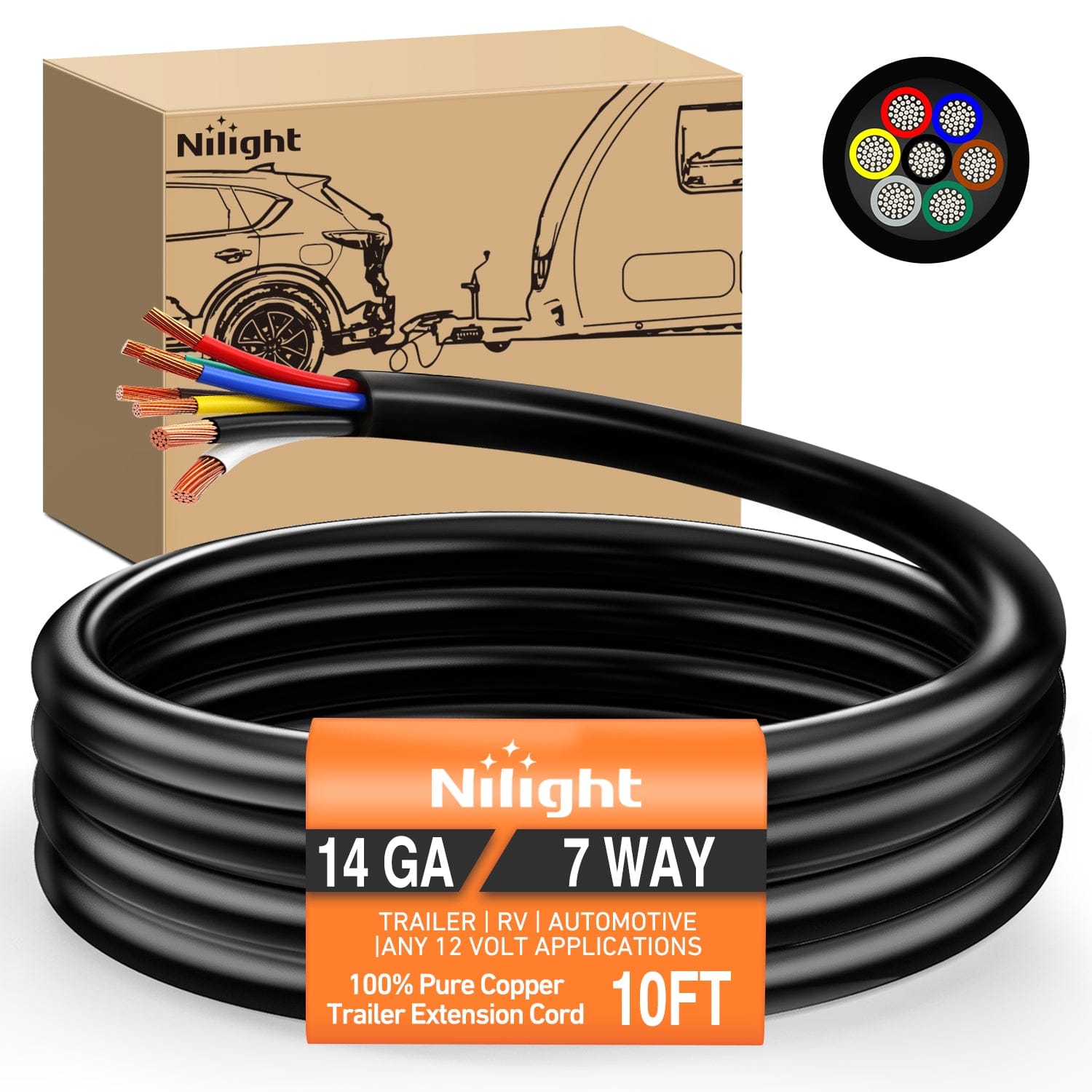 Wiring Harness Kit 10 Feet 7 Way Trailer Extension Cable RV Standard Wire 14 Gauge 7 Conductor 100% Pure Copper Insulated Heavy Duty Cord Weatherproof for 7 Pin Blade Truck Camper RV Automotive