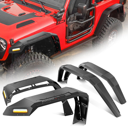 2018 2019 2020 2021 2022 2023 2024 2025 Jeep Wrangler JL&JL Unlimited 2/4Doors Wide Flat Front & Rear Fender Flares w/LED Lights Turn Signal Lights DRL (No fit 2020+ Gladiator JT) Headlights - Top Tuning Boost