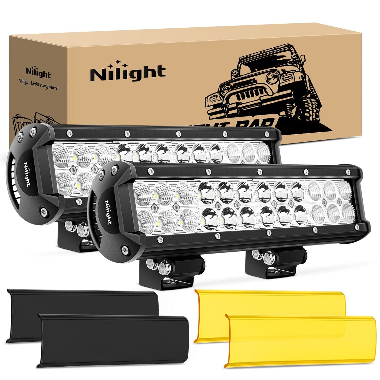 12 Inch 72W 5000LM Double Row Spot Flood LED Light Bars with Amber/Black Covers (Pair) Light Bars - Top Tuning Boost
