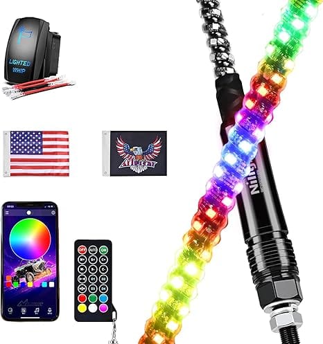 Nilight RGB Whip Light 1PC 5FT Lighted Antenna Whips with Remote & App Control DIY Chasing Patterns Brake Reverse Lights for ATV UTV Polaris RZR Can-am Dune Buggy Pickup Trucks Jeep Headlights - Top Tuning Boost
