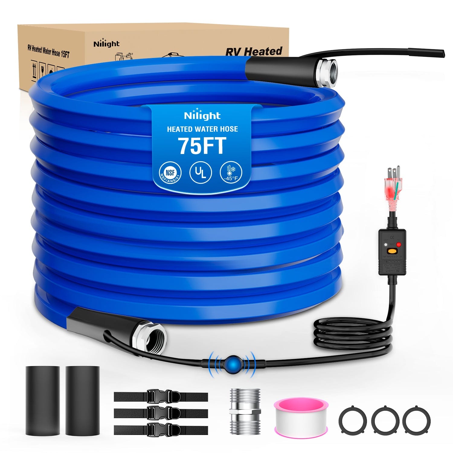 RV Parts 75FT Heated Water Hose RV 5/8inch Inside Diameter -45¡ãF Freeze Protaction Antifreeze Garden Drinking Hoses with Saving Thermostat and Smart Heat System for Winter Camper Supply Accessories