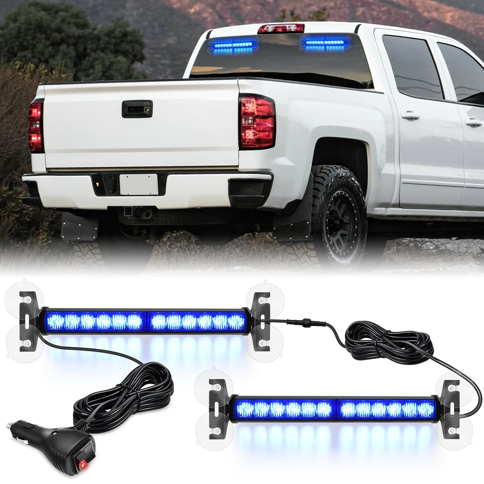 24LED Emergency Strobe Traffic Advisor Light Bar 2 in 1 Blue Dash Warning Safety Flashing Lights Front/Rear Windshield Construction Lights for Trucks Cars Plow Police Firefighter Vehicles Light Bars - Top Tuning Boost