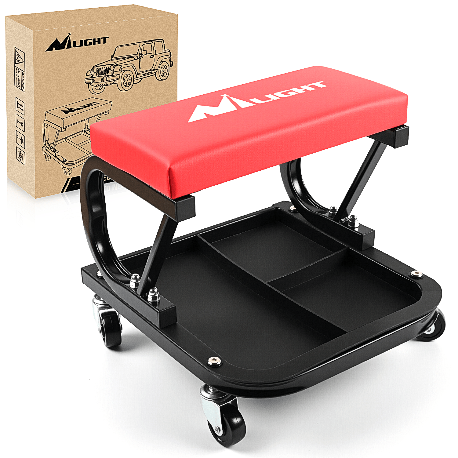 Creeper Seat 260 LBS Capacity Red Rolling Mechanic Padded Seat with Tool Tray Storage