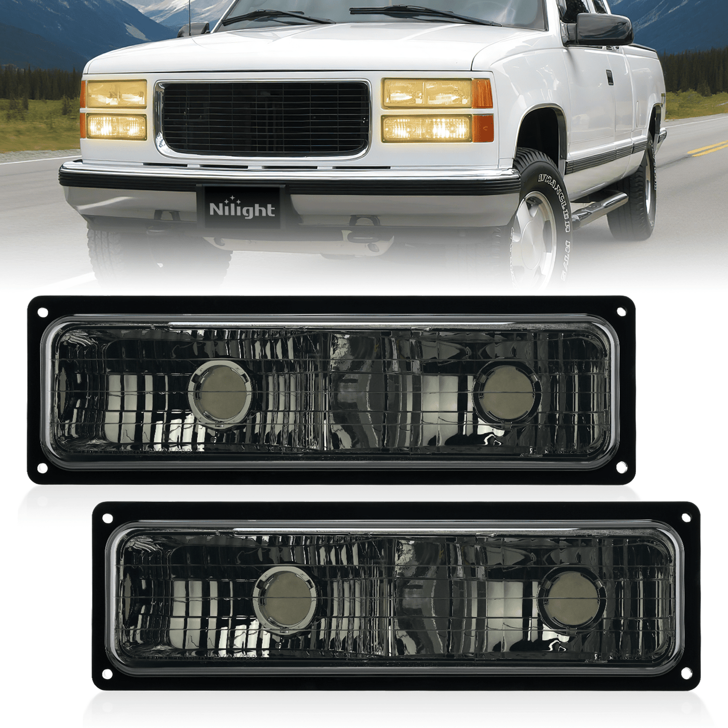 Headlight Assembly Compatible with 1988 1989 1990 1991 1992 1993 1994 1995 1996 1997 1998 Chevrolet GMC C10 C/K 1988-1999 Silverado Suburban Sierra Blazer Tahoe Yukon Smoke Lens Bumper Lights Headlights - Top Tuning Boost
