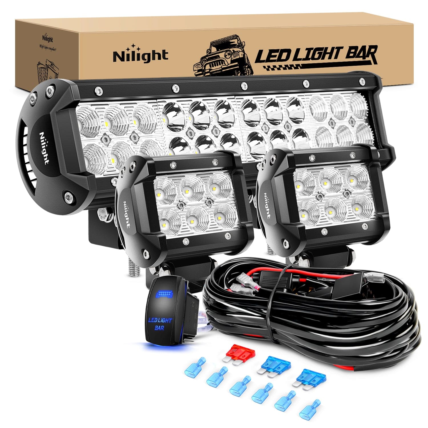 12Inch 72W Led Light Bars 2Pcs 18W Led Pods with Wiring Harness Kit-3 Leads Light Bars - Top Tuning Boost