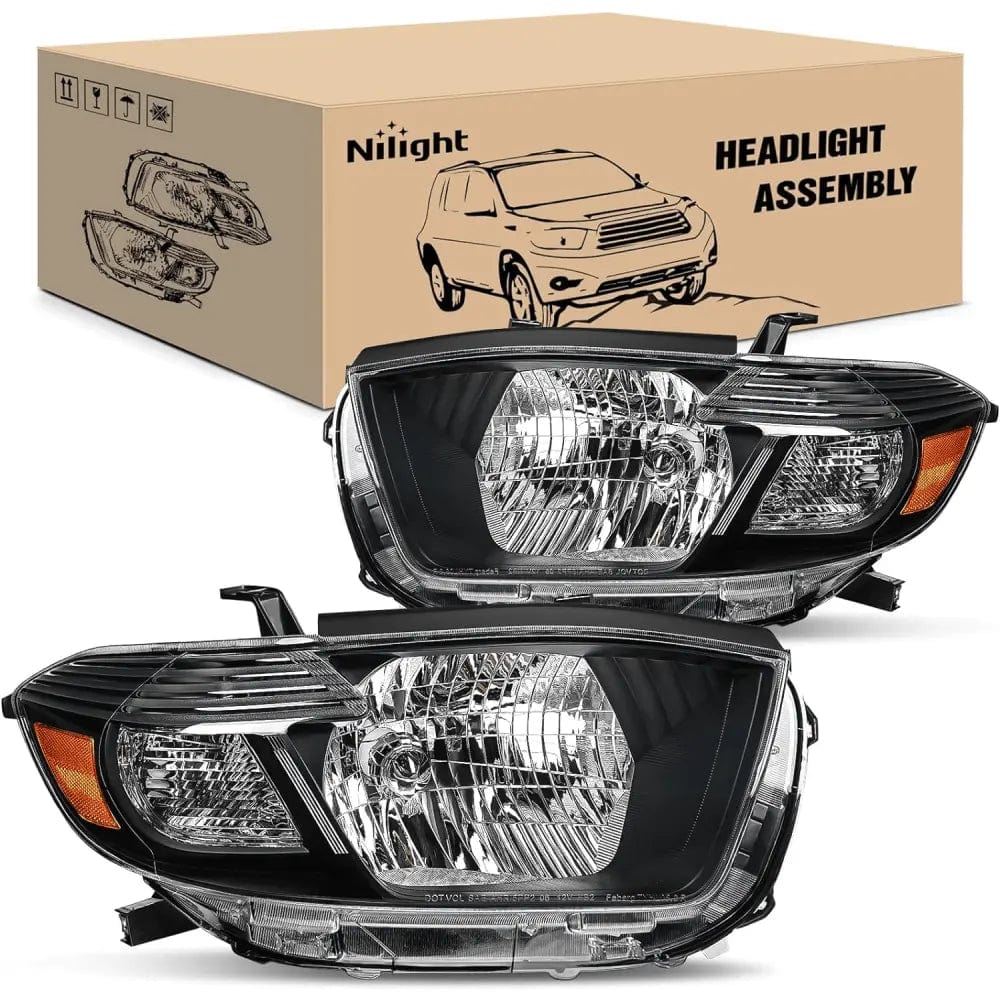 2008 2009 2010 Toyota Highlander Headlight Assembly Black Housing Amber Reflector Headlights - Top Tuning Boost