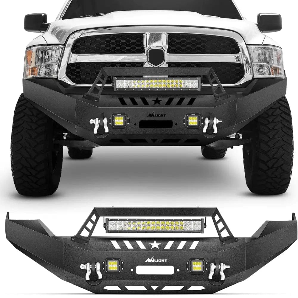 2013 2014 2015 2016 2017 2018 Dodge Ram 1500 Front Bumper Full Width Solid Steel with Winch Plate Offroad 120W LED Light Bar 2Pcs 18W Light Pods D-Rings Light Bars - Top Tuning Boost