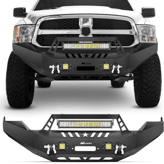 2013 2014 2015 2016 2017 2018 Dodge Ram 1500 Front Bumper Full Width Solid Steel with Winch Plate Offroad 120W LED Light Bar 2Pcs 18W Light Pods D-Rings Light Bars - Top Tuning Boost