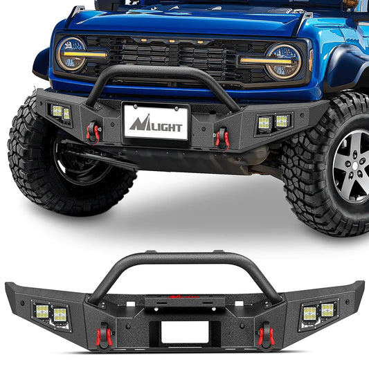 2021 2022 2023 2024 Ford Bronco Front Bumper with 4Pcs 18W Flush Mount LED Work Lights Winch Plate License Plate Bracket Sensor Hole Headlights - Top Tuning Boost