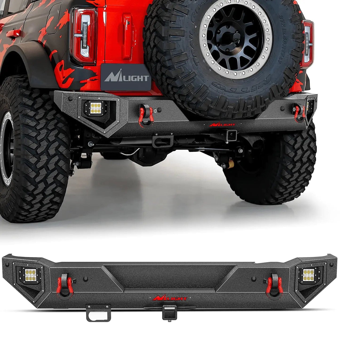 2021 2022 2023 2024 Ford Bronco Rear Bumper Rock Crawler Bumper with Hitch Receiver 2Pcs Upgraded 18W Flood LED Work Light Wire Hole Headlights - Top Tuning Boost